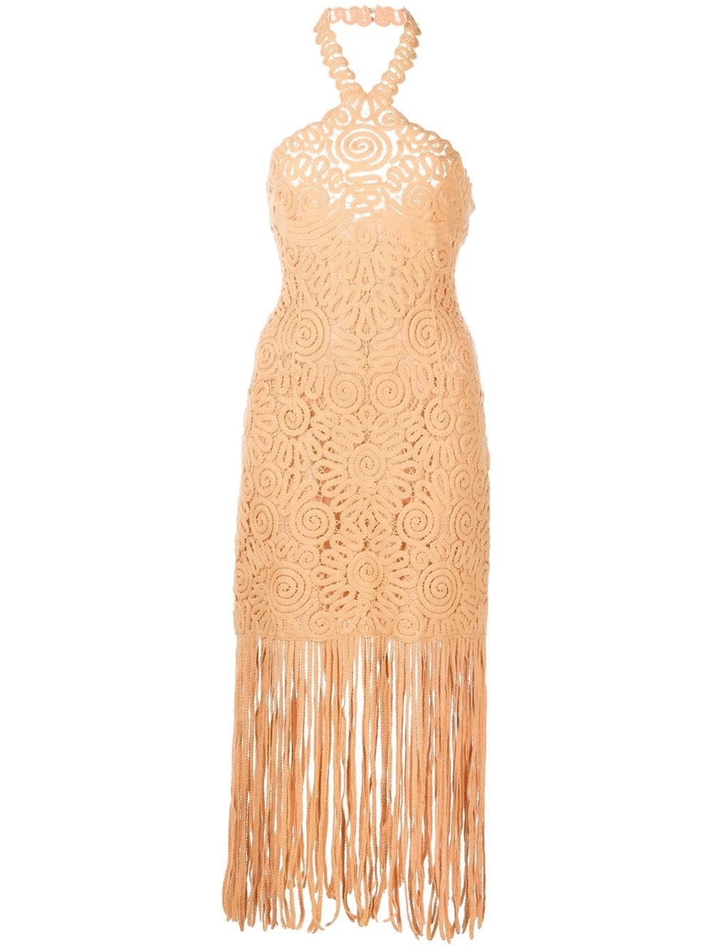 NWT Jonathan Simkhai Alisa Crochet Fringe Rattan Peach Halter Midi Dress Resort8